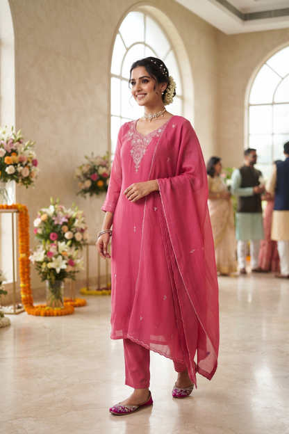 Onion Muslin Straight Kurti With Plazo and Dupatta 3Pcs Set
