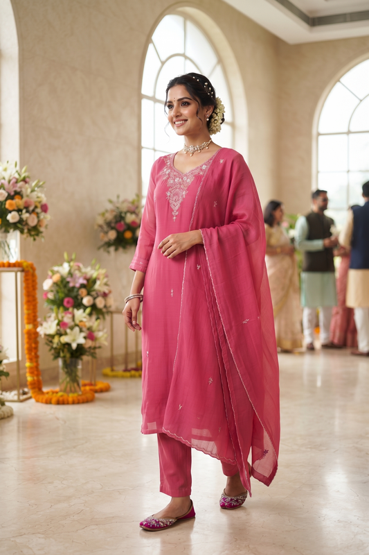 Onion Muslin Straight Kurti With Plazo and Dupatta 3Pcs Set