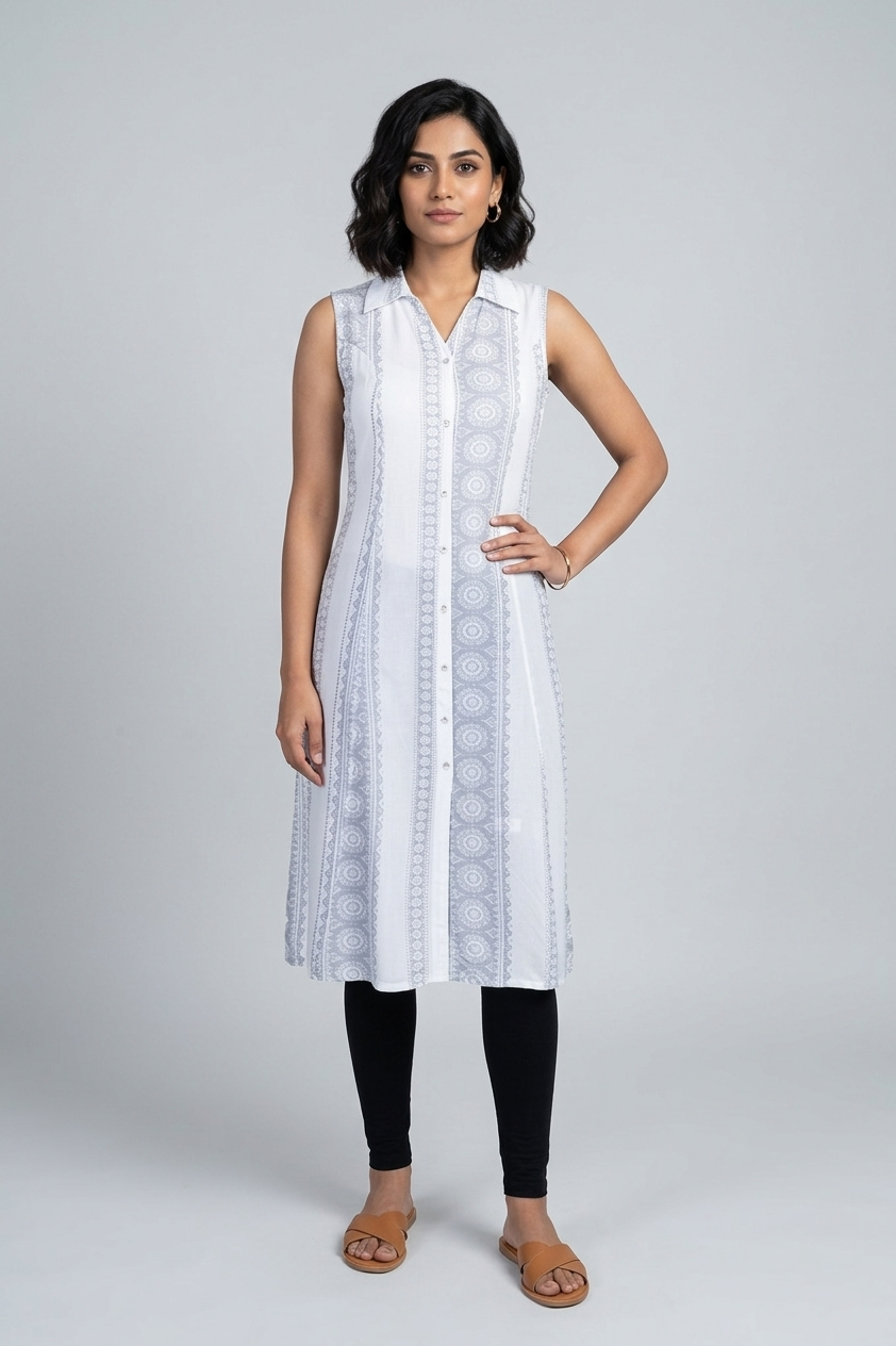 White Rayon Printed Aline Kurti