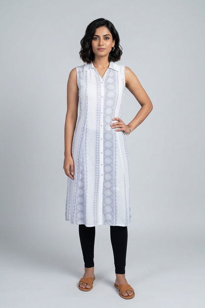 White Rayon Printed Aline Kurti