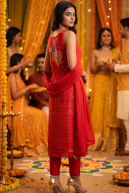 Red Chinon Kurti Pant