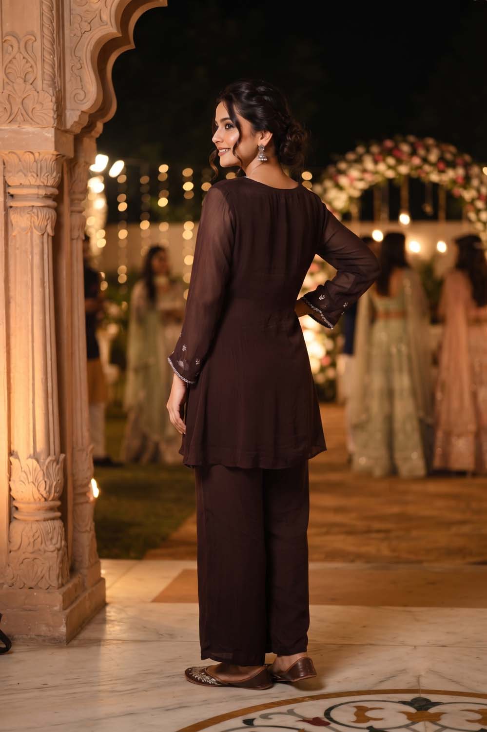 Brown Chinon Short Kurti With Plazo 2 Pcs Set