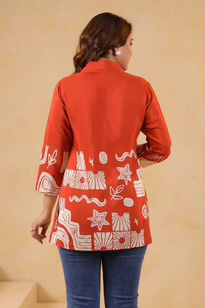 Orange Crepe Short Kurti One Pcs
