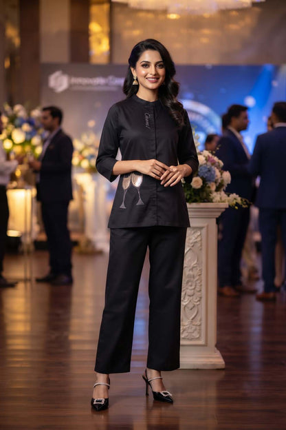 Black Cotton Silk 2 Pc Cord Set Kurti Pant