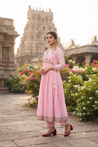 Pink Cotton Frock Style Kurti With Plazo and Dupatta 3 Pcs Set