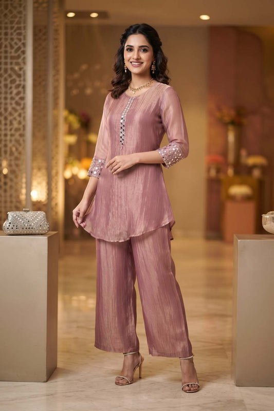 Onion Tishu Fabric 2 Pcs Set Kurti Full Bid Plazo