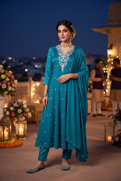 Rama Chinoon Frock Style Kurti With Pant and Dupatta 3 Pcs Set