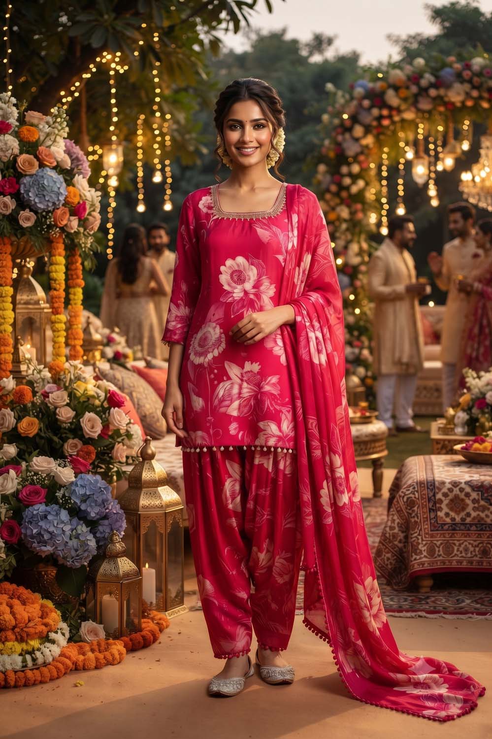 Rani Pink Pure Crepe 3 Pcs Set Kurti Farshi Salwar Dupatta