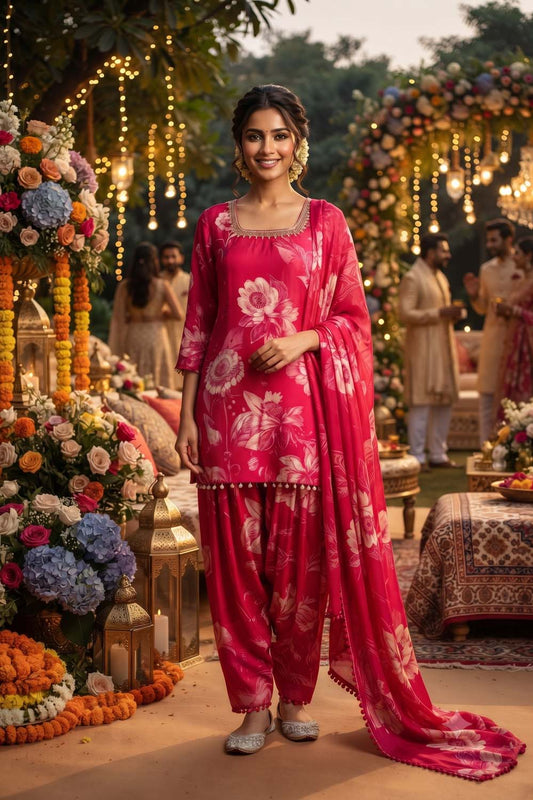 Rani Pink Pure Crepe 3 Pcs Set Kurti Farshi Salwar Dupatta