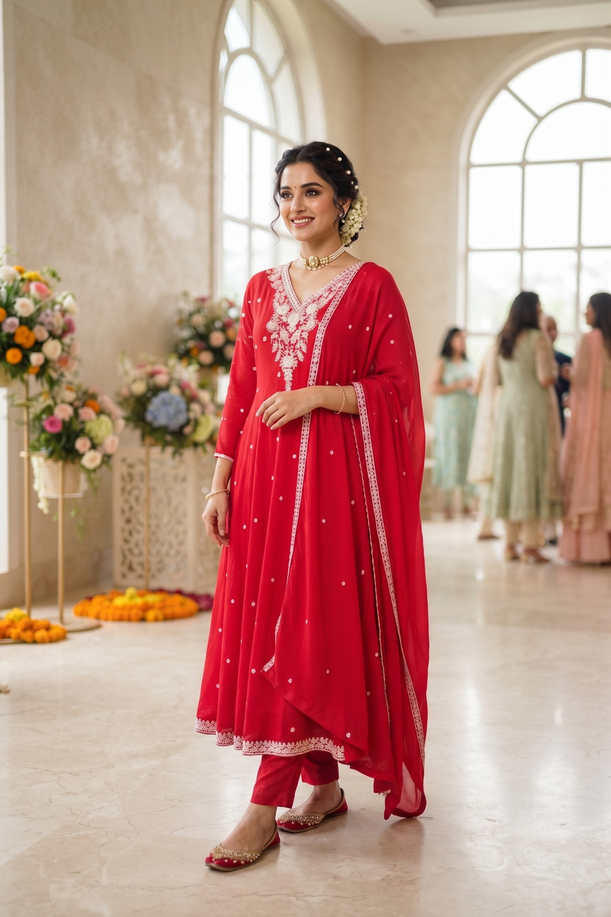 Pink Chinoon Frock Style Kurti With Pant and Dupatta 3 Pcs Set