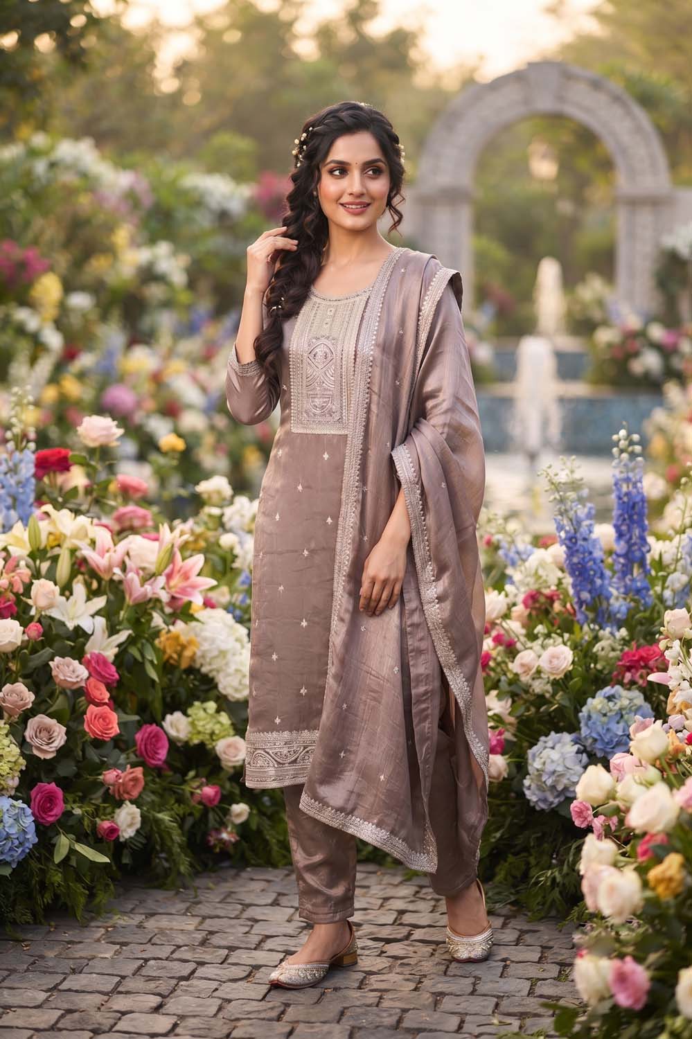 Lavendar Straight Cut Kurti With Pant With Dupatta 3 Pcs Set