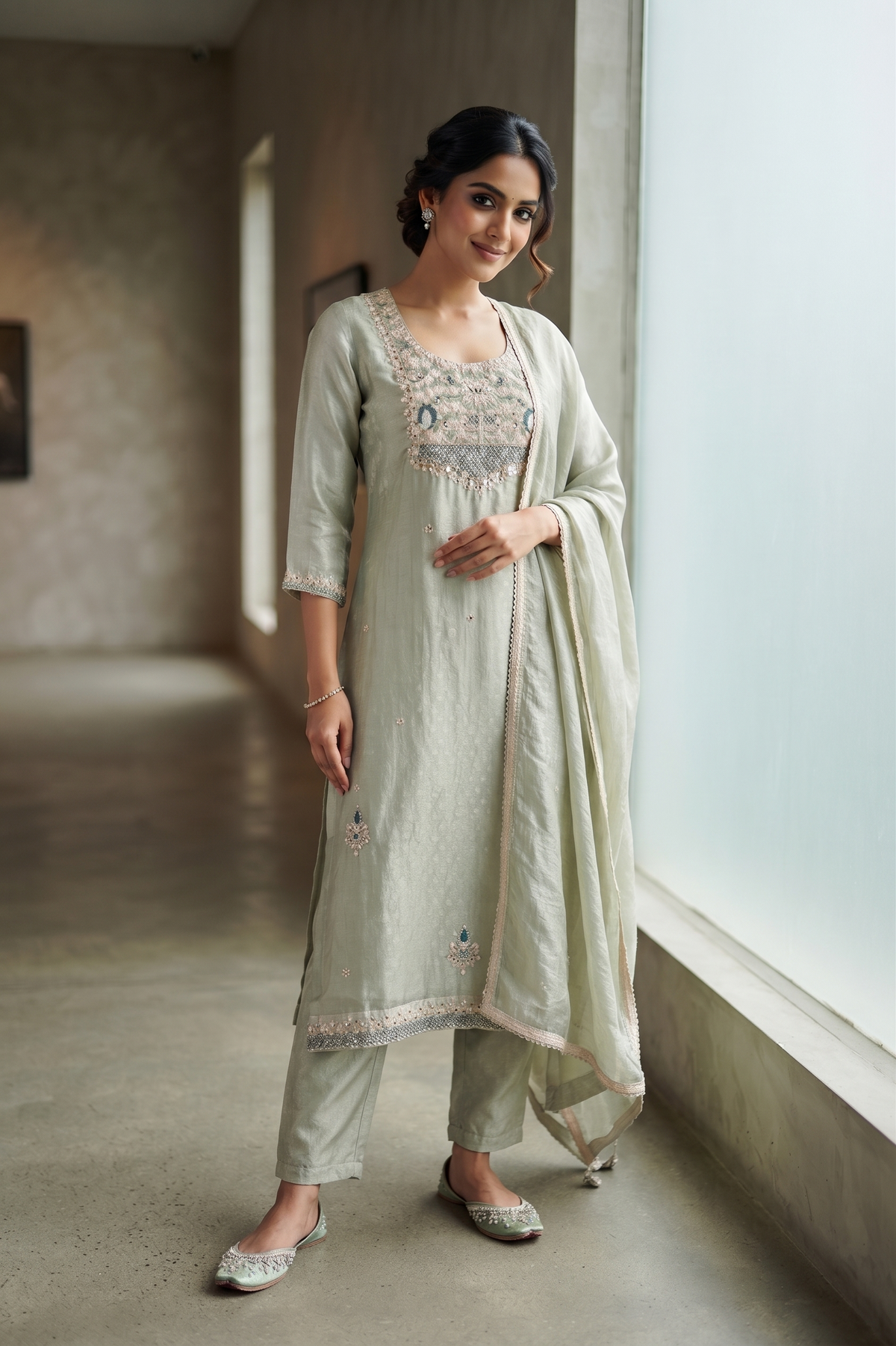 Green Tissue Straight Kurti With Pant and Dupatta 3 Pcs Set