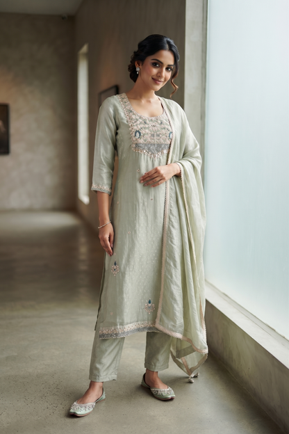 Green Tissue Straight Kurti With Pant and Dupatta 3 Pcs Set