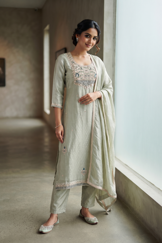 Green Tissue Straight Kurti With Pant and Dupatta 3 Pcs Set