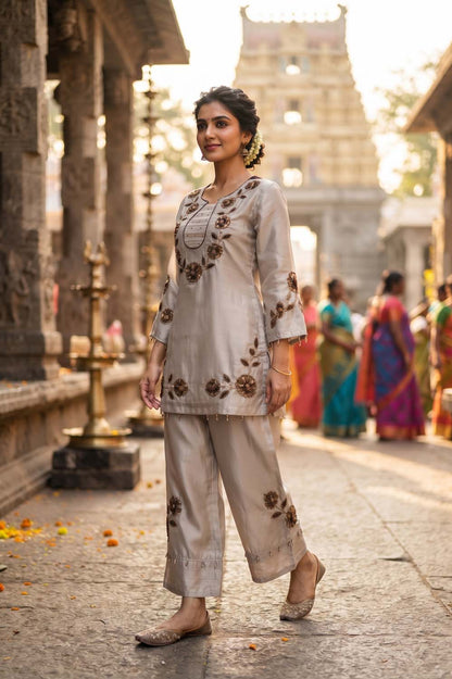 Brown Tissue 3 Pcs Set ( Aliya Cut ) Kurti Farshi Salwar Dupatta