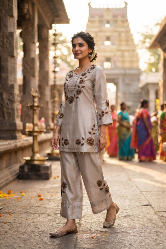 Brown Tissue 3 Pcs Set ( Aliya Cut ) Kurti Farshi Salwar Dupatta