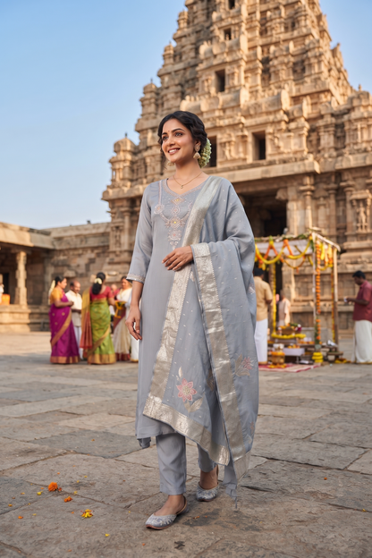 Grey Chinoon Straight Kurti With Pant and Dupatta 3 Pcs Set