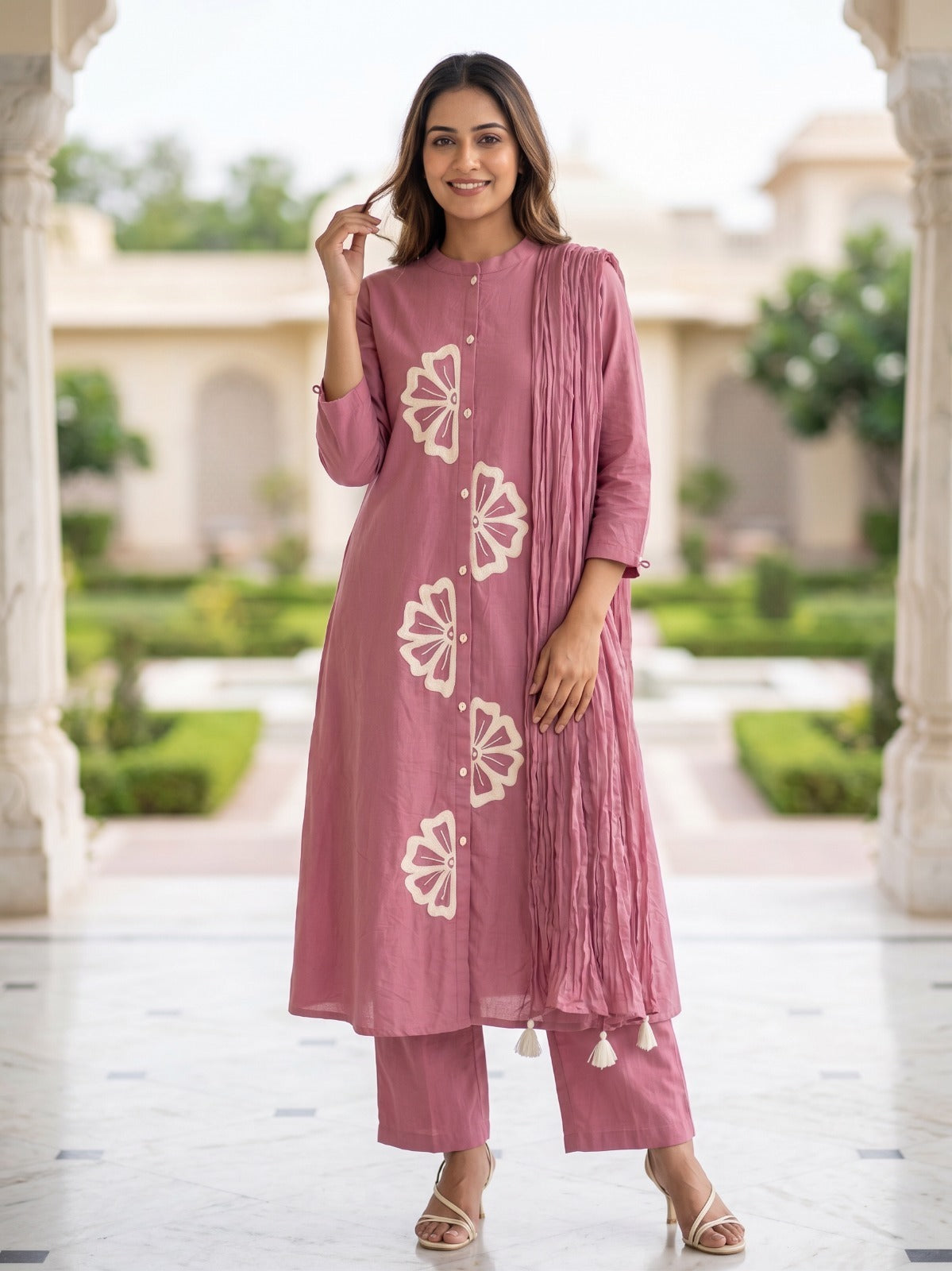 Onion Cotton Straight Kurti With Plazo and Dupatta 3 Pcs Set