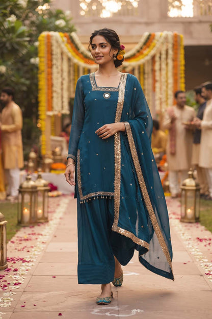 Peacock Blue Pure Chinon 3 Pcs Set Kurti Farshi Salwar Dupatta