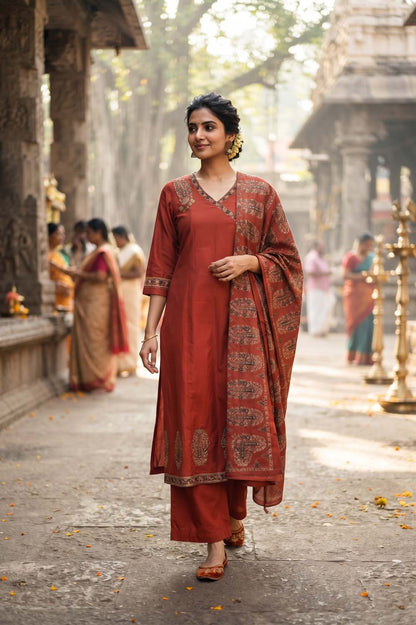 Maroon Cotton Angrakha Style Kurti Frock Straight Pant Dupatta