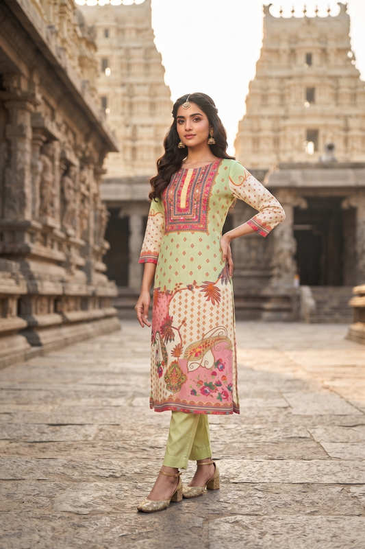 P Green Straight Cut Kurti With Pant With Dupatta 3 Pcs Set