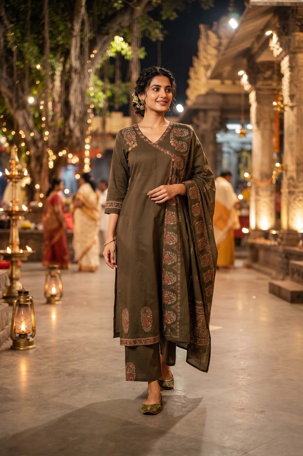 Mehandi Cotton Angrakha Style Kurti Frock Straight Pant Dupatta