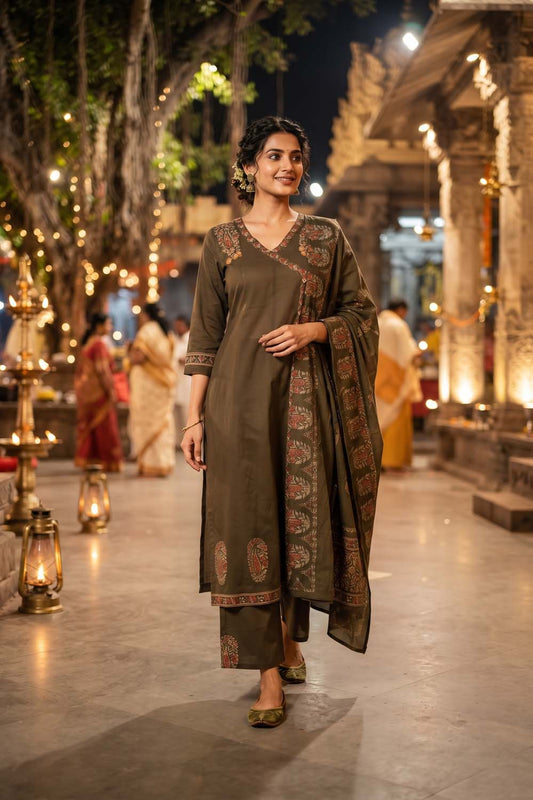 Mehandi Cotton Angrakha Style Kurti Frock Straight Pant Dupatta