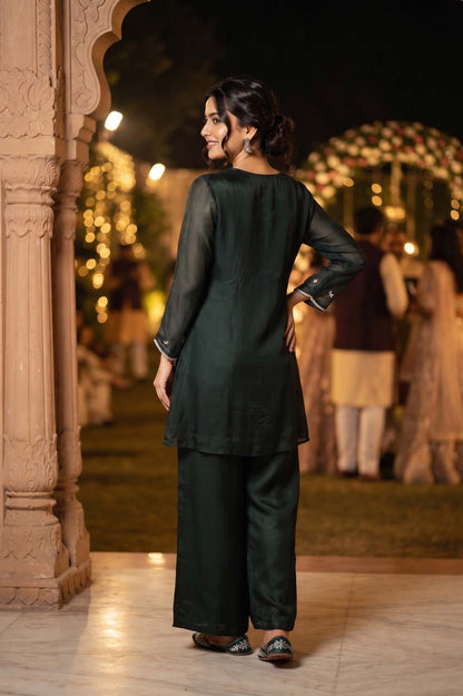 B Green Chinon Short Kurti With Plazo 2 Pcs Set