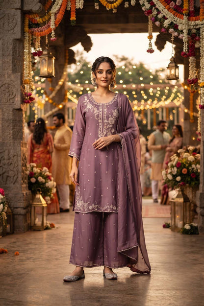 Lavender Pure Chinon 3 Pcs Set Kurti Straight Plazo Dupatta