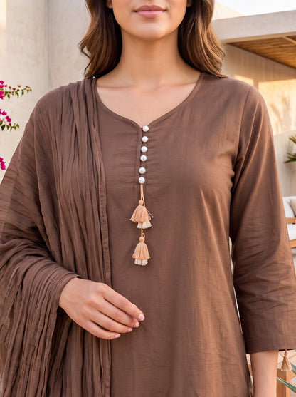 Brown Cotton Straight Kurti With Plazo and Dupatta 3 Pcs Set