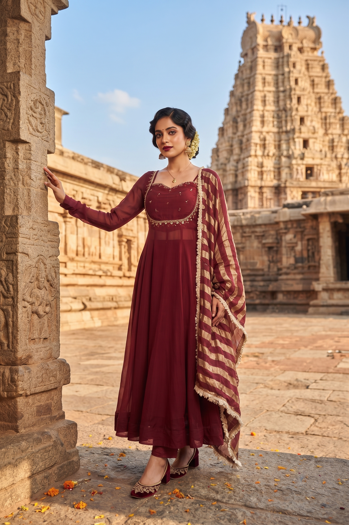 Maroon Chinoon Frock Style Kurti With Pant and Dupatta 3 Pcs Set