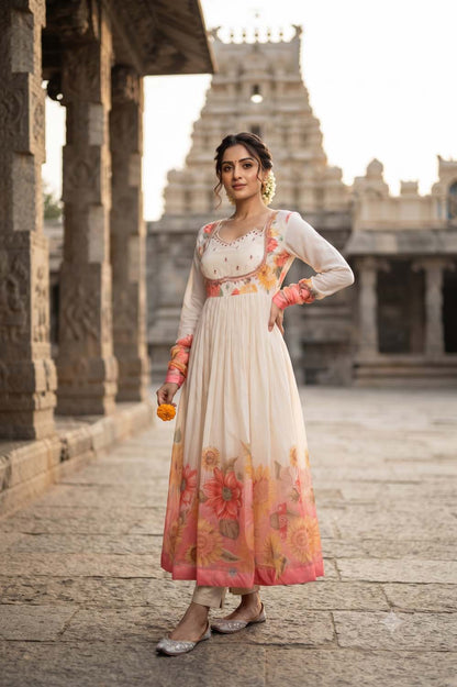 L Peach Synthetic 3 Pcs Set Kurti Long Frock Straight Pant Dupatta