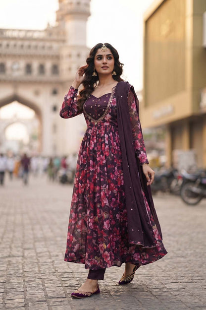 Dark Wine Frock Style Kurti With Pant With Dupatta 3 Pcs Set