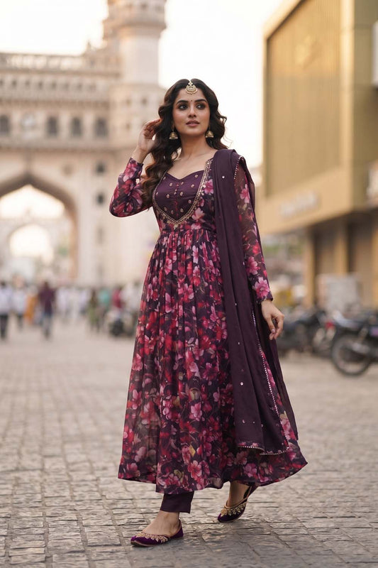 Dark Wine Frock Style Kurti With Pant With Dupatta 3 Pcs Set