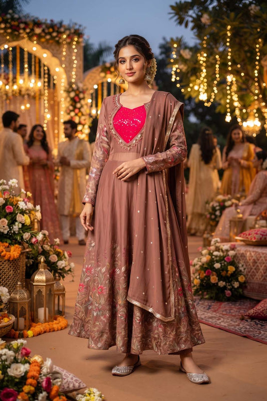 Brown Pure Chinon 3 Pcs Set Kurti Long Frock Straight Pant Dupatta