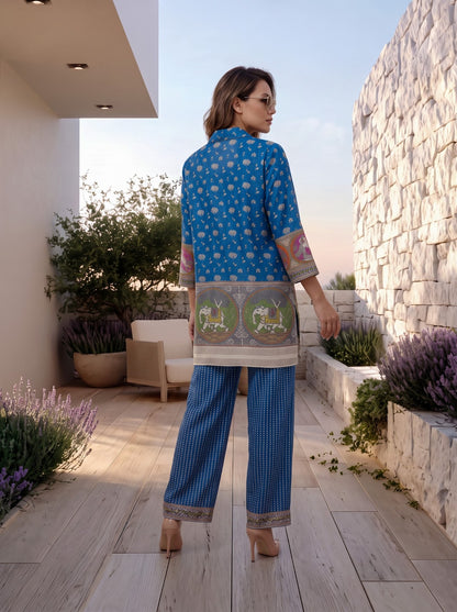 Blue Crepe Short Kurti With Plazo 2 Pcs Set