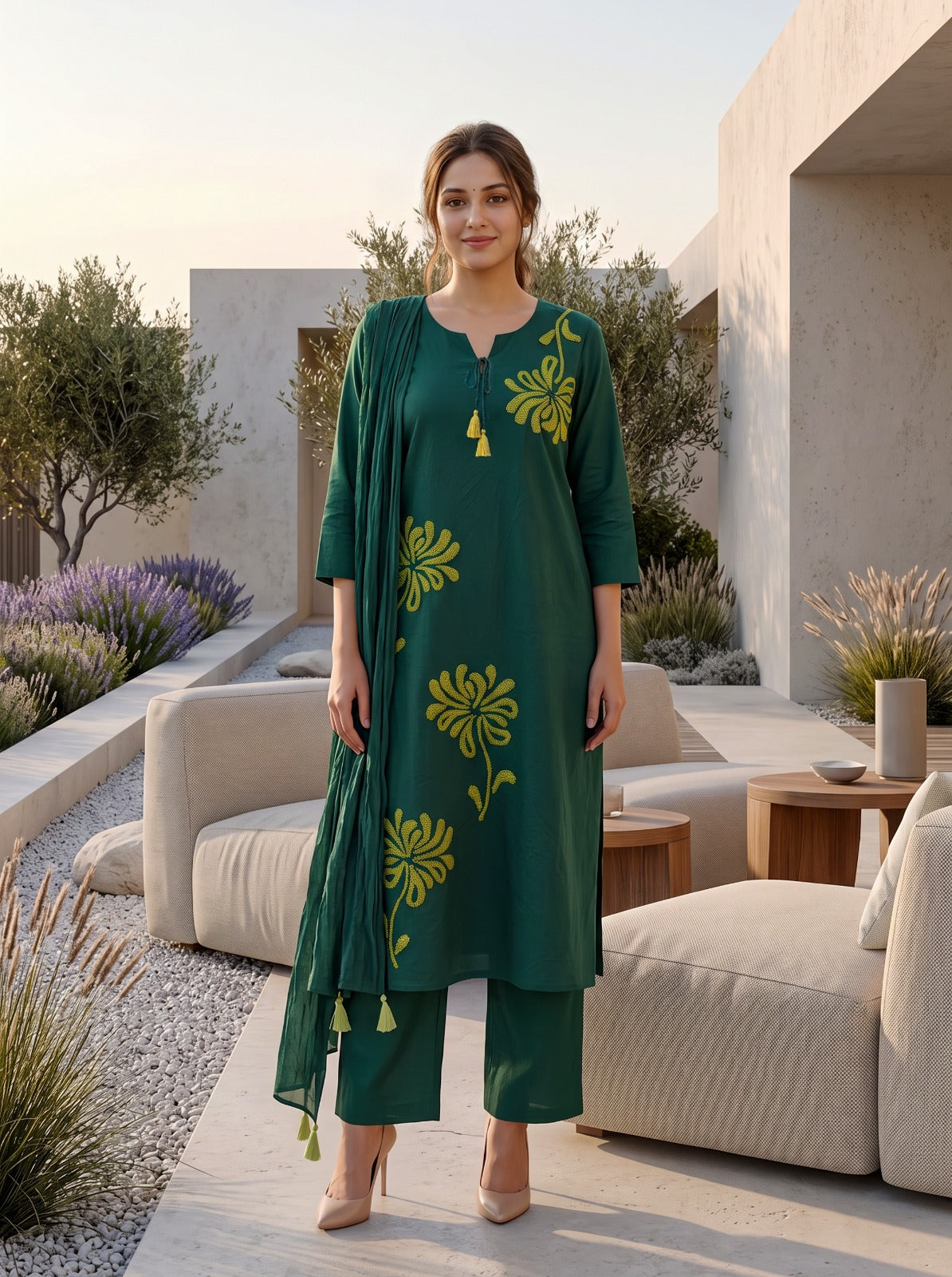 Green Cotton Straight Kurti With Pant and Dupatta 3 Pcs Set