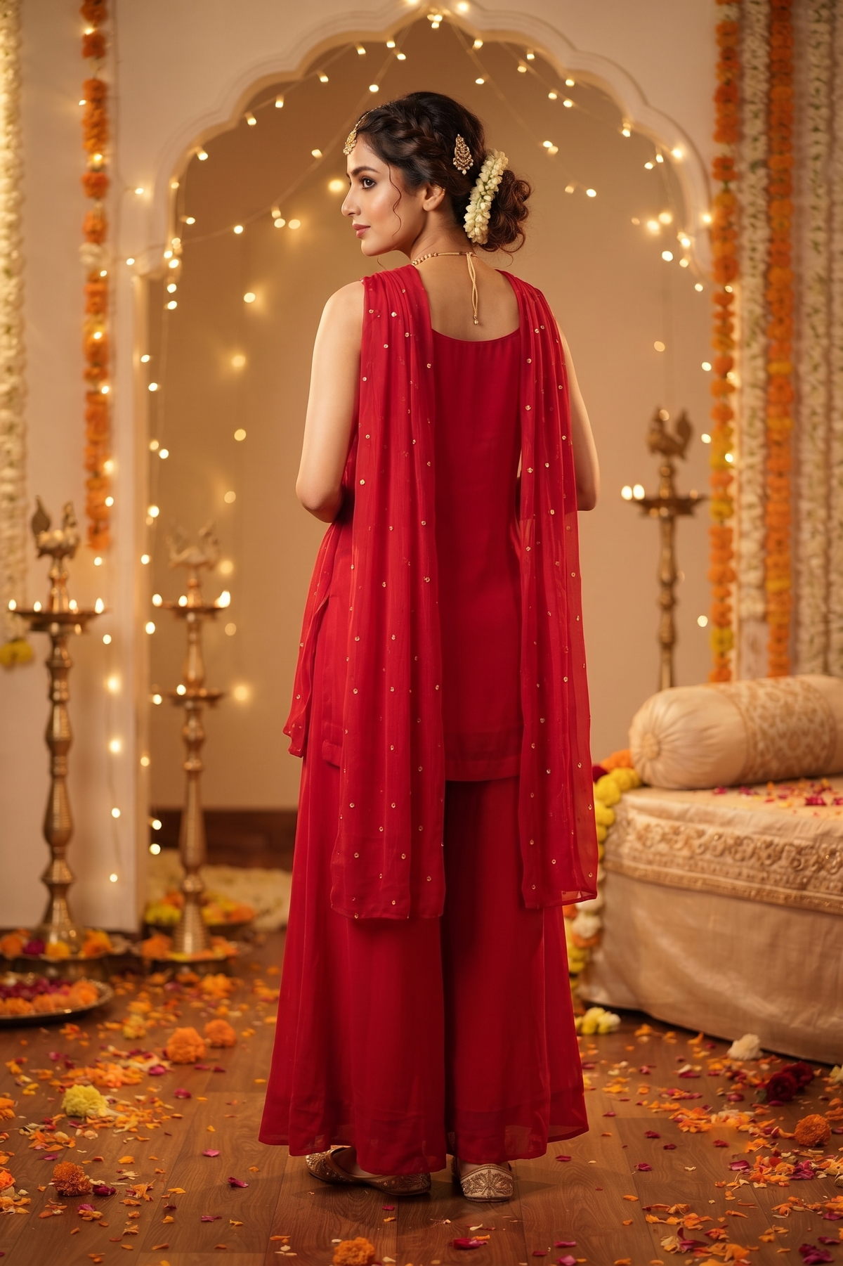 Rose Chinon Short Kurti With Divider Plazo and Dupatta 3 Pcs Set