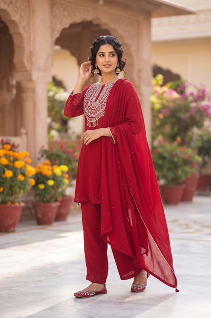 Maroon Chinon Short Kurti With Plazo 3 Pcs Set