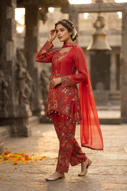 Red Chinoon Short Kurti With Plazo and Dupatta 3 Pcs Set