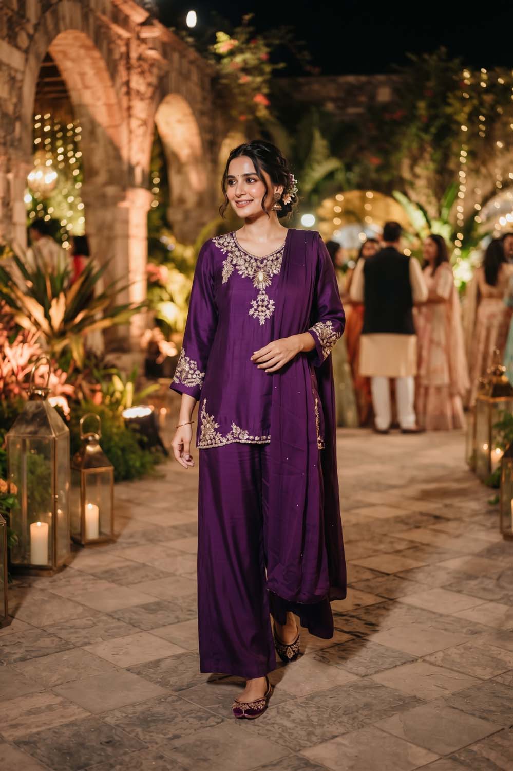 Violet Pure Chinon 3 Pcs Set Short Kurti Full Big Plazo Dupatta