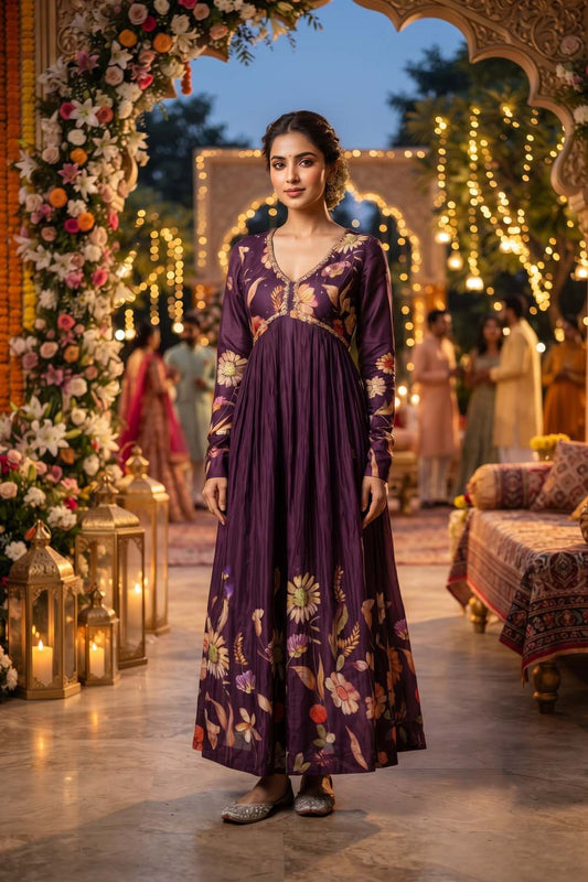 Purple Pure Chinon 3 Pcs Set ( Aliya Cut ) Kurti Long Frock Straight Pant Dupatta
