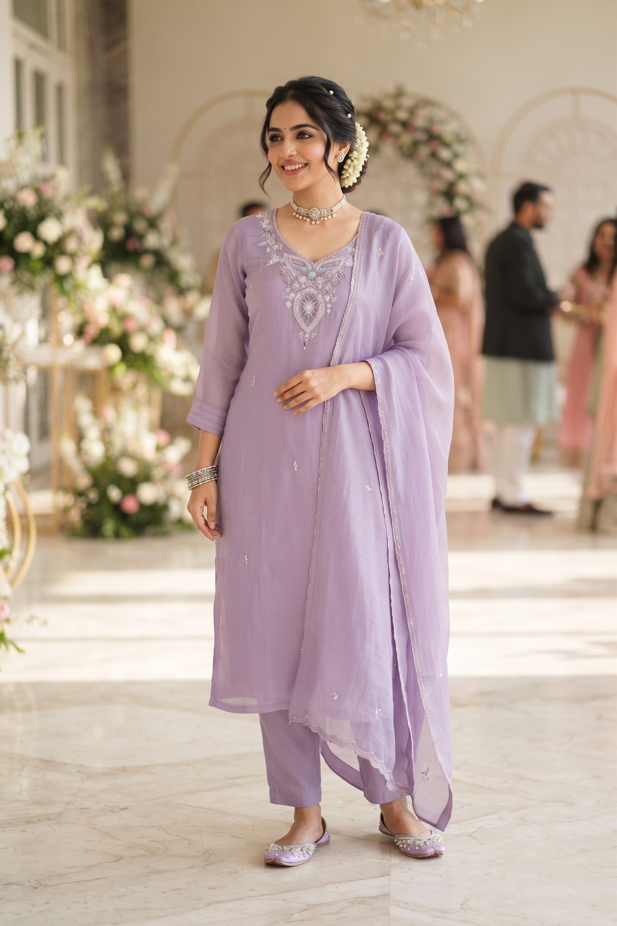 Lavendar Muslin Straight Kurti With Plazo and Dupatta 3 Pcs Set