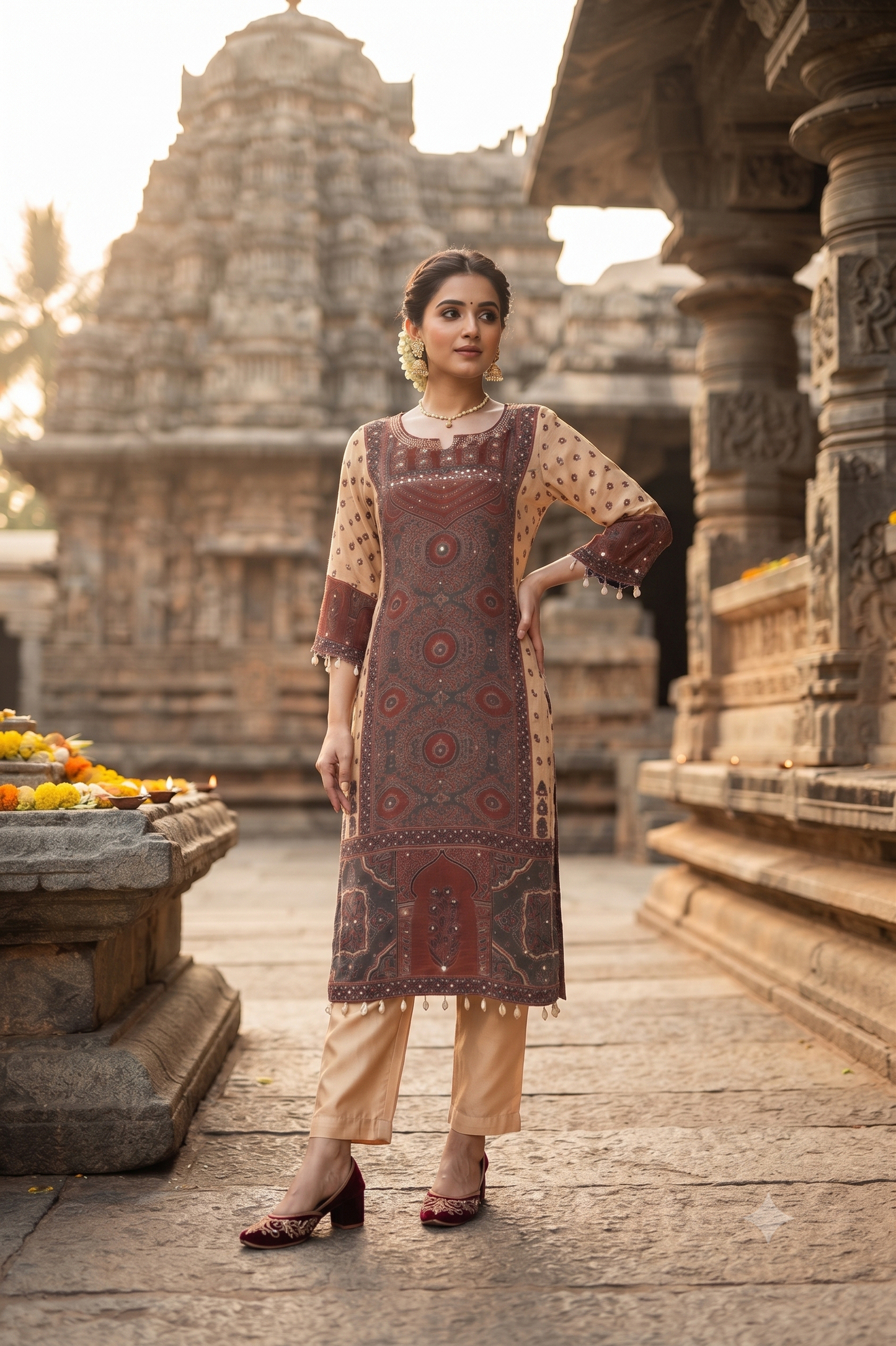 Maroon Crepe Straight Kurti With Pant and Dupatta 3 Pcs Set