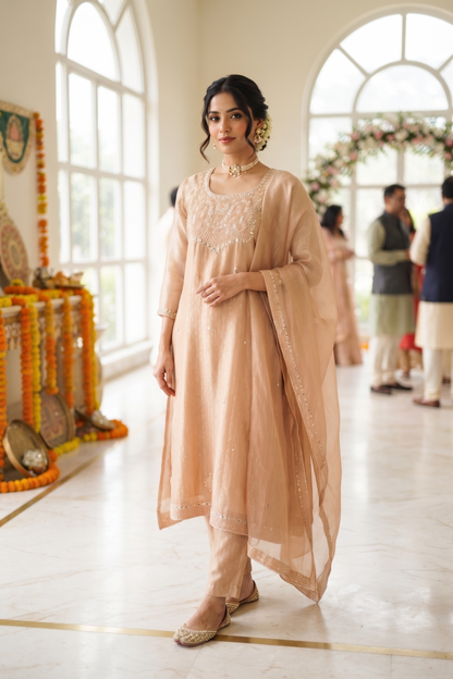 Buff Tissue Straight Kurti With Pant and Dupatta 3 Pcs Set