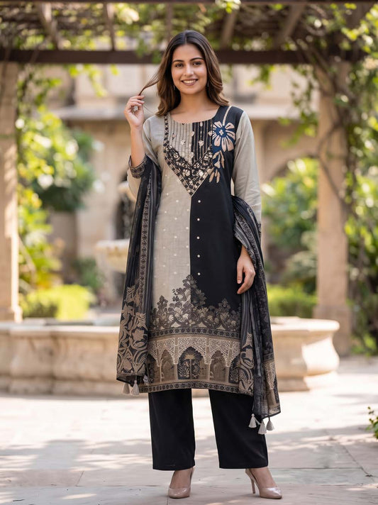 Black Pure Fabric 3 Pcs Set Kurti Straight Pant Dupatta