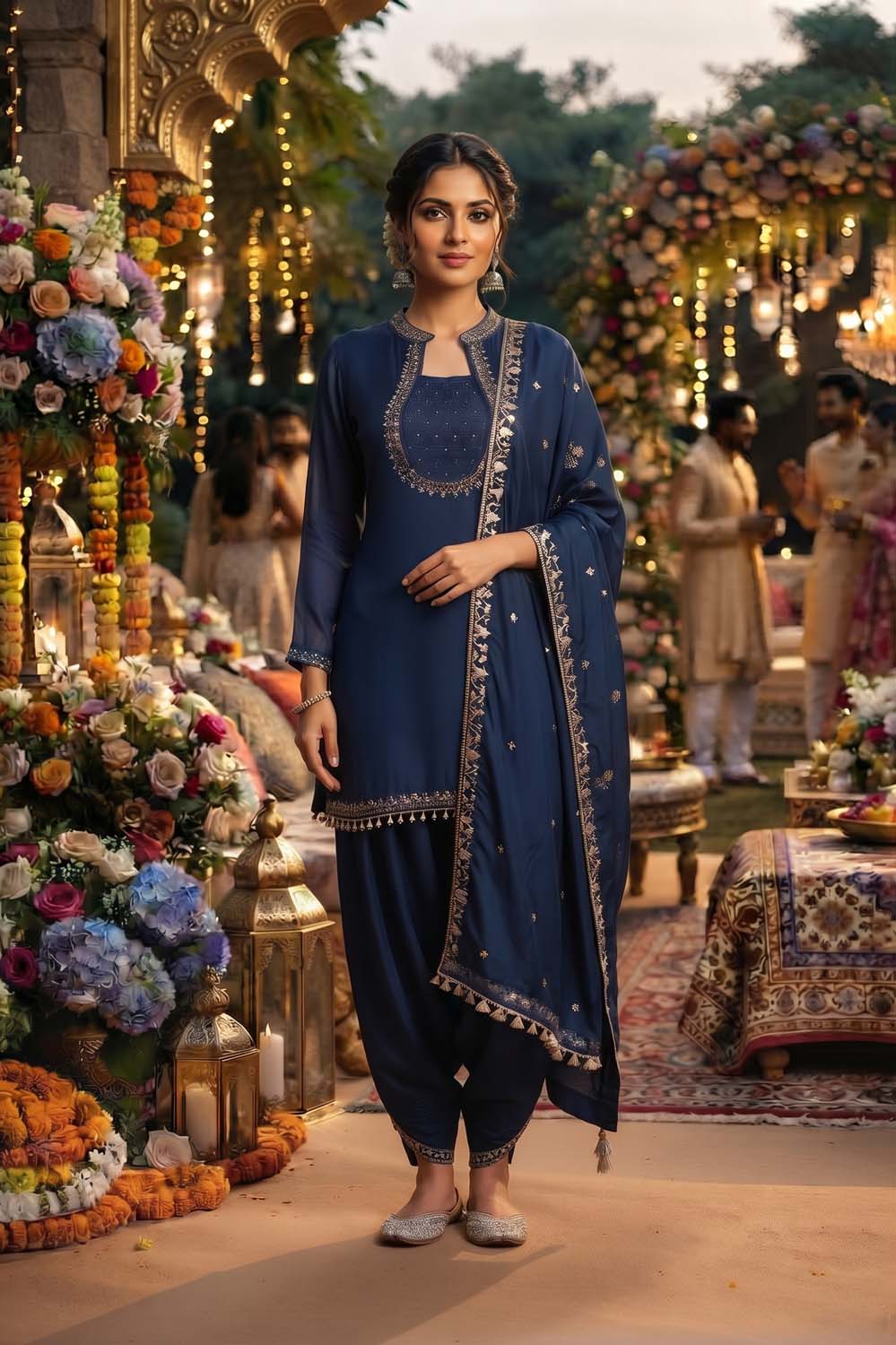 Peacock Blue Pure Chinon 3 Pcs Set Kurti Farshi Salwar Dupatta