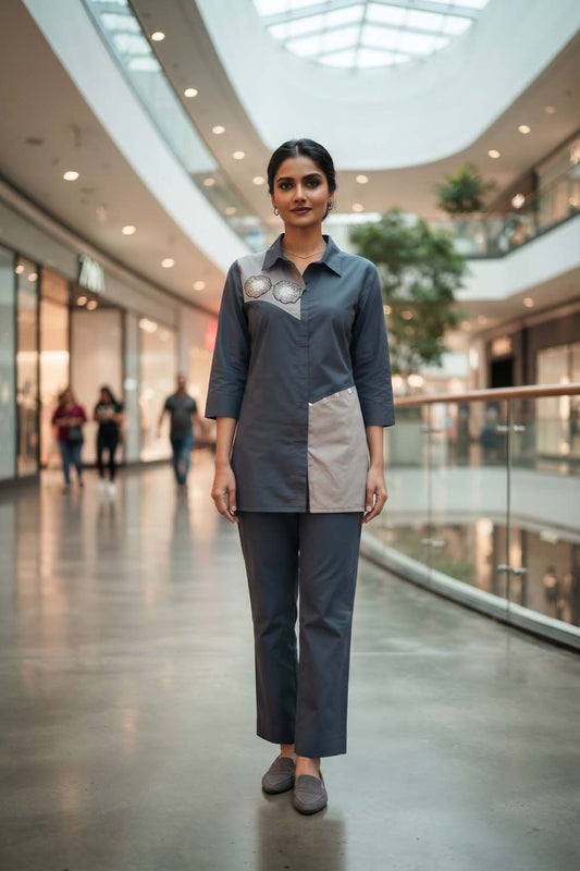 Blue Cotton Silk 2 Pcs Cord Set Kurti Pant
