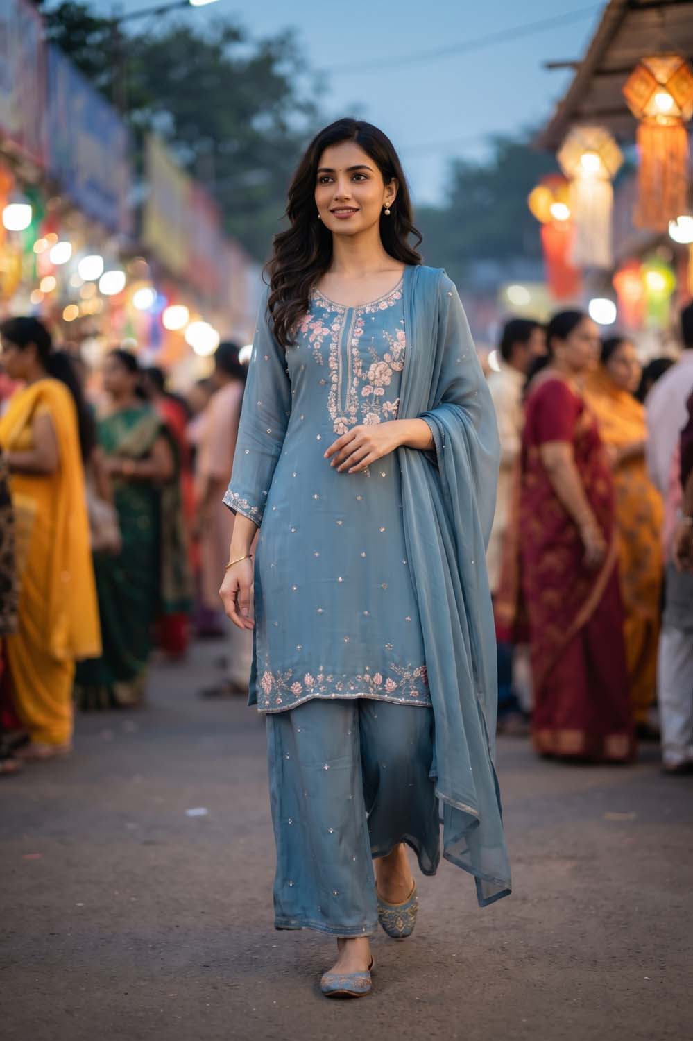 Blue Pure Chinon 3 Pcs Set Kurti Straight Plazo Dupatta