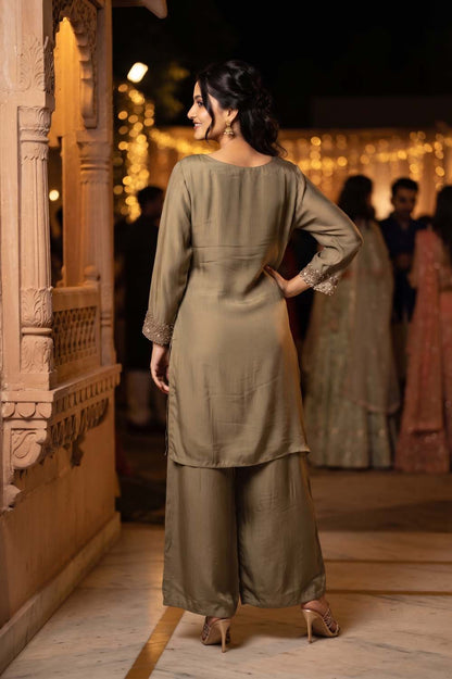 Green Chinon Straight Cut Kurti With Plazo 2 Pcs Set